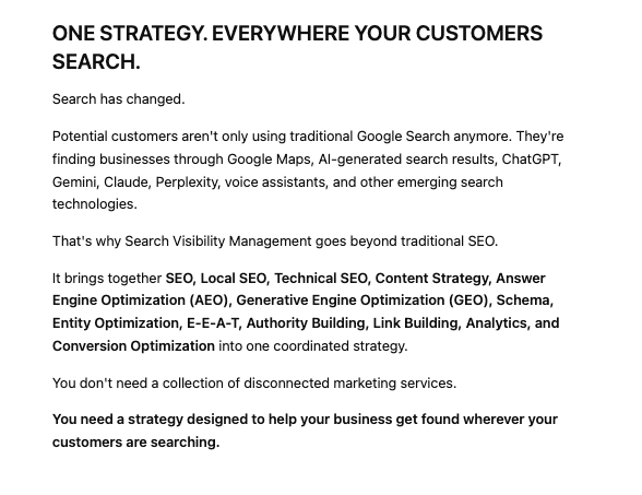 One coordinated strategy for SEO, local SEO, technical SEO, content, AEO, GEO, schema, authority, analytics, and conversion optimization